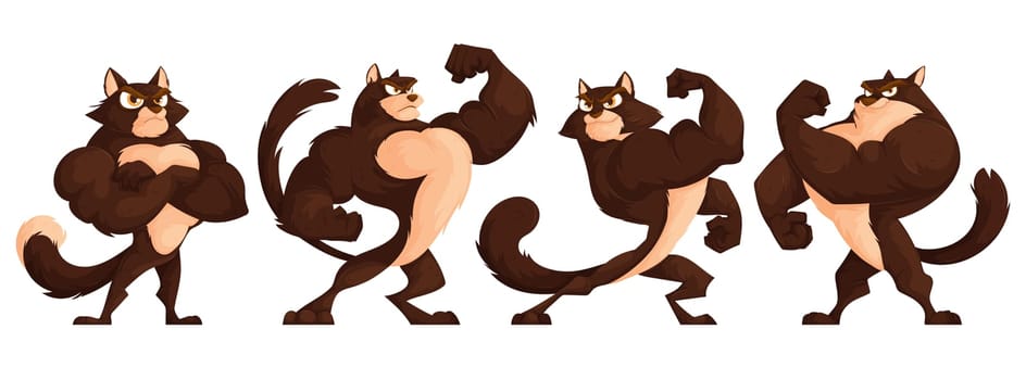 Set of Four strong and muscular cats posing. A brutal brown cat with an athletic figure in a bodybuilder's suit demonstrates his muscles.