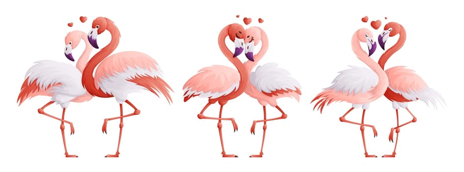 Set of pink flamingo lovers. A couple of the flamingo family, a symbol of love and devotion to each other. Cartoon style