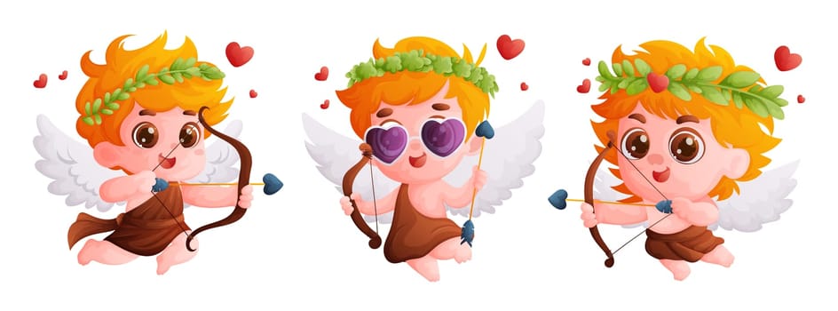 Set of floating cupids with bow and arrow. Symbol of Valentine's Day, a little boy with big wings gives love. Cartoon style