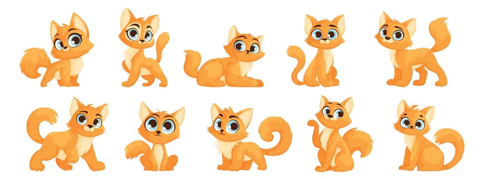 A set of ten cute orange kittens with blue eyes in different poses. A small cute cat with a charming look poses.