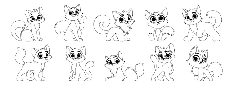 Set of ten cute line art kittens. Little cute cat with a charming look poses.
