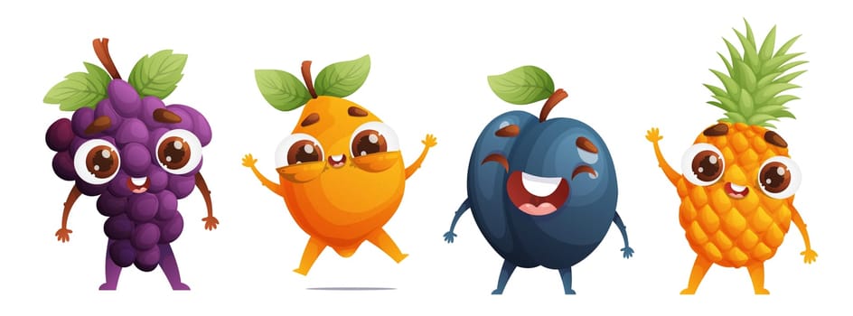 Set of four cute fruit characters. Little happy grapes, lemon, plum and pineapple. Dynamic poses, colorful detailed Cartoon style