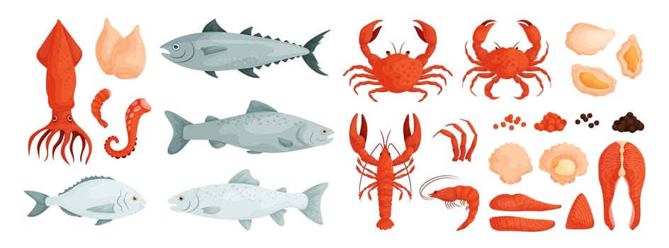 Seafood . Vector. Red and black caviar. Steaks and pieces of fish.