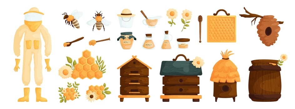 Set of honey products. Jar, bee insect, ladle, honeycomb, flowers, beehive and barrel. Honey and apiary production or equipment. Natural organic product, healthy sweet food, sugar dessert.