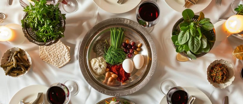An ornate Passover seder plate holding traditional foods, flanked by matzah and wine, capturing the essence of the holiday