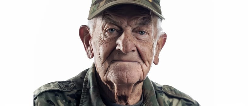 An aged veteran in camouflage attire reflects quiet strength and a lifetime of dedicated military service in his portrait