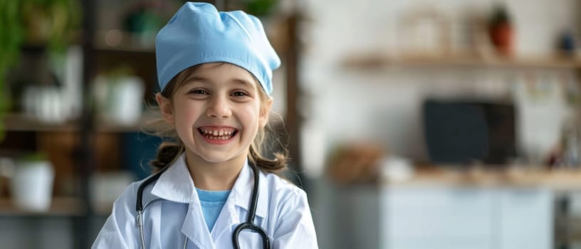 Wide-eyed with excitement, a child in a surgeon's outfit and cap radiates joy, stethoscope in hand