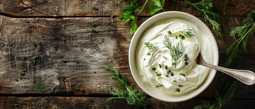 Wide-angle view of sour cream garnished with chives and dill in a ceramic bowl on an aged wooden surface, capturing rustic elegance