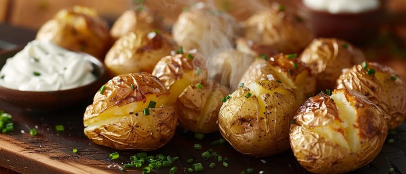 A close-up of freshly baked potatoes, with a crisp golden exterior and a fluffy, steaming interior. They are sprinkled with chopped green onions and served with a tantalizing side of sour cream