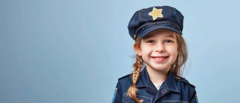 A cheerful young girl with a braid smiles widely, wearing a dark police costume with a shiny star badge, against a blue background