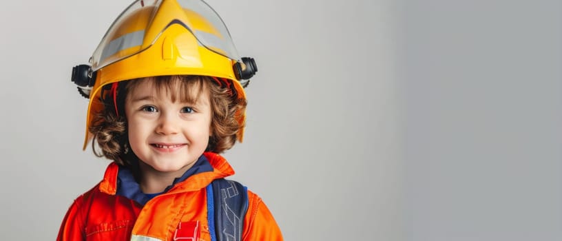 A young girl dons vibrant orange firefighter gear, helmet atop, her grin speaking of boundless enthusiasm for heroism