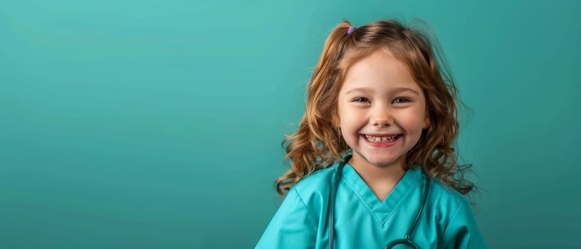 A radiant child sporting turquoise medical scrubs flashes a heartwarming smile against a teal background