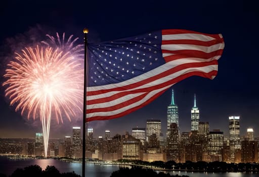 AI generated of an american flag with city scape of manhattan buildings and fireworks