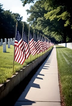 AI generated of a row of american flags line a sidewalk in front of a cemetery
