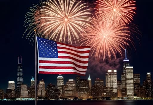 AI generated of fireworks over the skyline with american flags and city scape of buildings