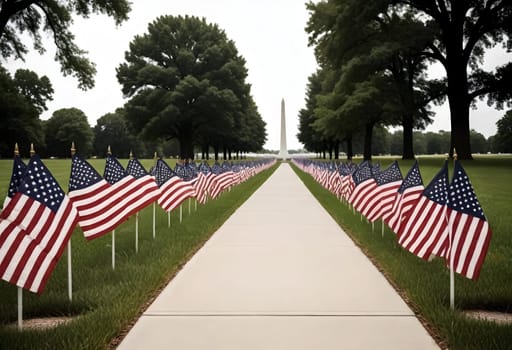 AI generated of a row of american flags line a sidewalk in front of a cemetery