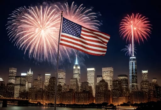 AI generated of fireworks in the sky over the skyline and an american flag with the buildings