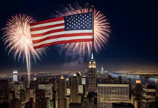 AI generated of fireworks in the sky over the skyline with an american flag and fireworks