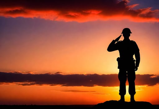 AI generated of a silhouette of a soldier with hand gesture salute to the sunset sky