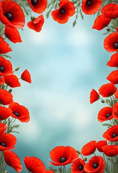 AI generated of a border of red poppy flowers on dreamy background