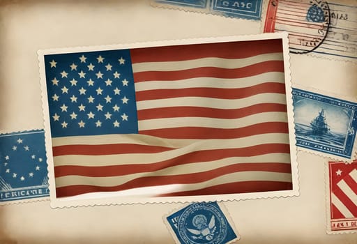 AI generated of a vintage collage postcard with american flag in the center surrounded by american landmarks