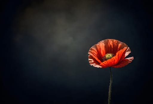 AI generated of a red poppy flower isolated againts a dark and moody background
