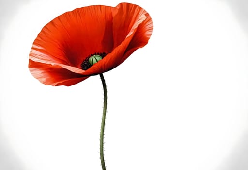 AI generated of a red poppy with a green stem and a white background