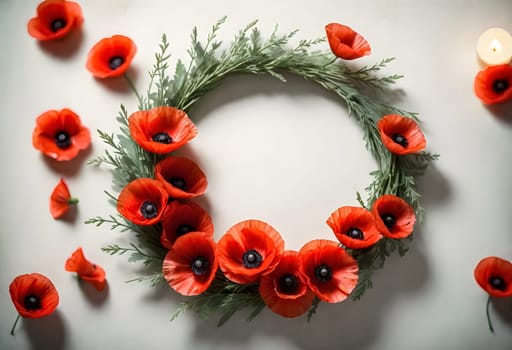 AI generated of a wreath of red poppies and green leaves