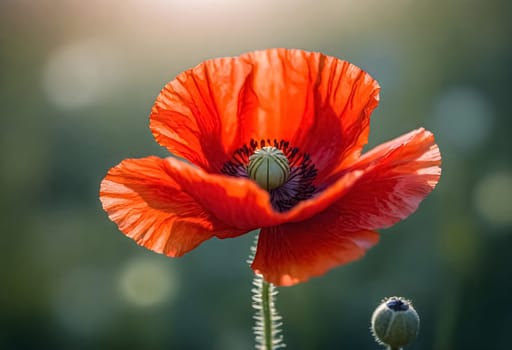AI generated of a red poppy with sunlit and bokeh background