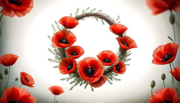 AI generated of a wreath of poppies flower with green leaves surrounded by other red poppies