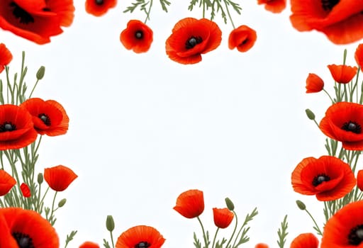 AI generated of a frame of red poppies with green leaves and a white background