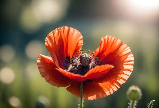 AI generated of a red poppy flower with the sun shining on bokeh field background