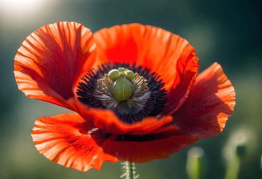 AI generated of a macro photography of red poppy with the sun beams on the petals on bokeh field background
