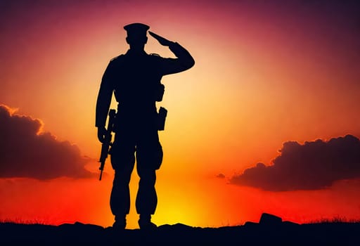 AI generated of a silhouette of a soldier salute to the sunset sky