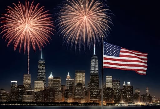 AI generated of fireworks are seen behind an american flag with city scape of buildings on the background