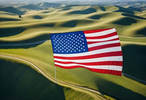 AI generated of an american flag is flying in a field with green fields on the background