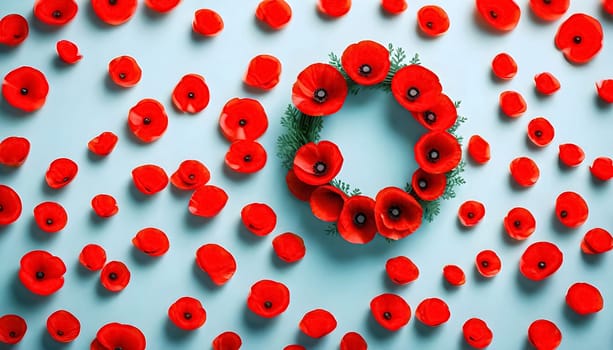 AI generated of a group of red poppies are placed in a circle wreath surrounded by red poppies