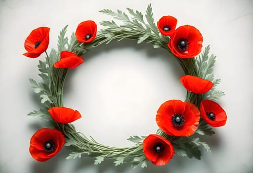AI generated of a wreath with red poppies and green leaves