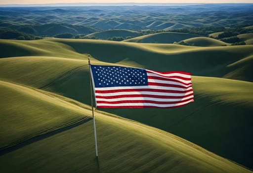 AI generated of an american flag is flying in a field with a field of green grass and a blue sky