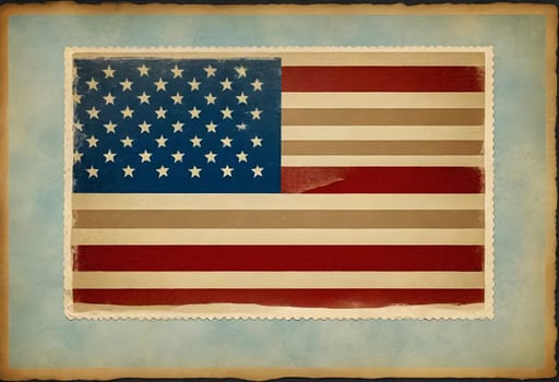 AI generated of a vintage stamps with american flag that has stars and stripes on an old postcard