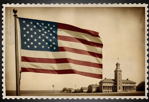 AI generated of a postcard with a picture of a united states flag and landmark
