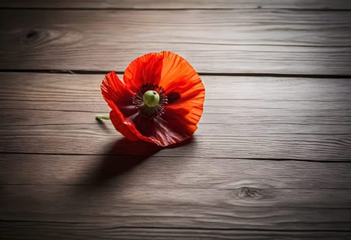 AI generated of a red poppy flower with a green stem on rustic wooden background