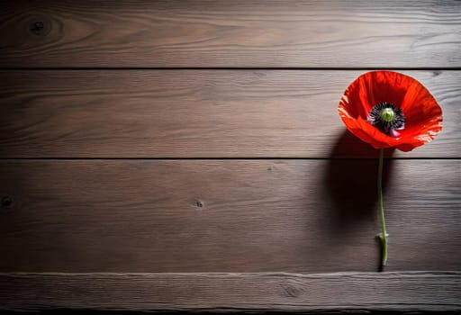 AI generated of a single red poppy sits on a wooden table