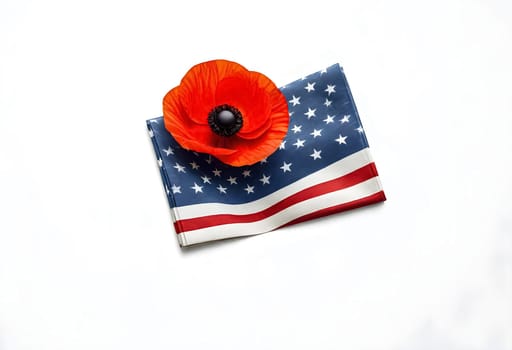 AI generated of a poppy on an american flag with the stars on it againts white background