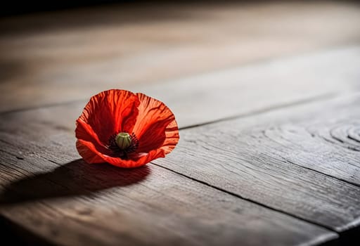 AI generated of a red poppy on a wooden table with a shadow