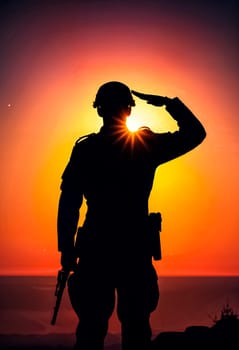 AI generated of a silhouette of soldier with a hand gesture salute at the sun