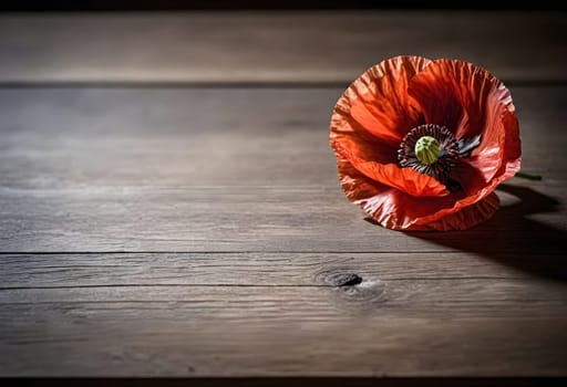 AI generated of a red poppy with a green center sits on a wooden table
