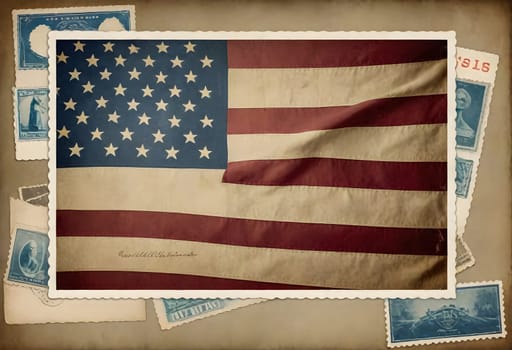 AI generated of a group of vintage stamps are collaged with american flag stamp on a vintage postcard