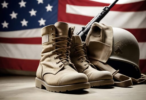 AI generated of a pair of army boots with the american flag behind them