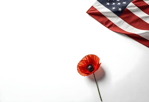 AI generated of a red poppy is next to an american flag on white background